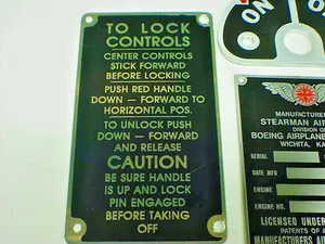 1930's 1940's Boeing Stearman Control Lock- Fuel - Data Plate Acid Etched CHOICE